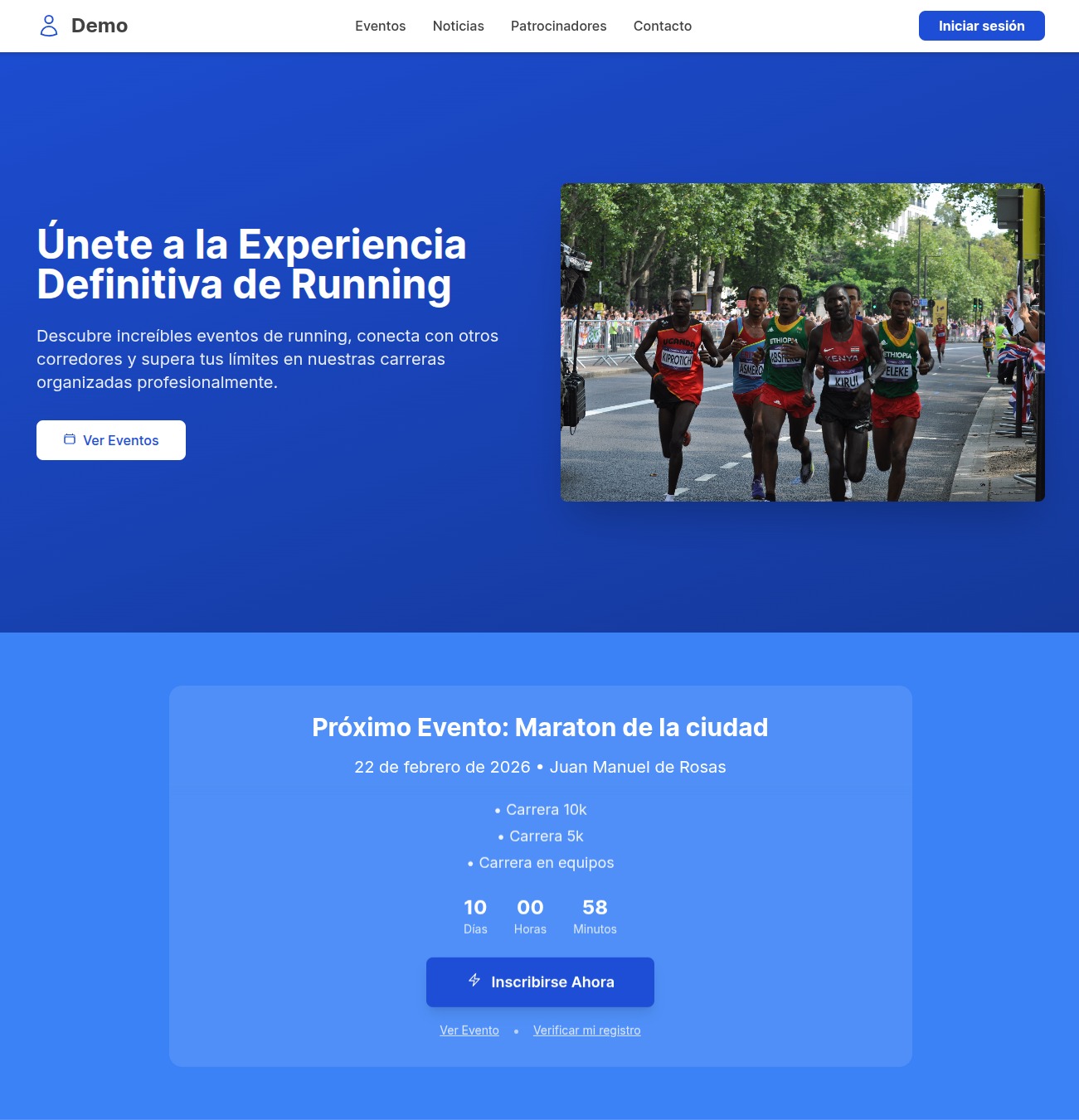 Hero del sitio web de una organización con logo, colores y un evento destacado