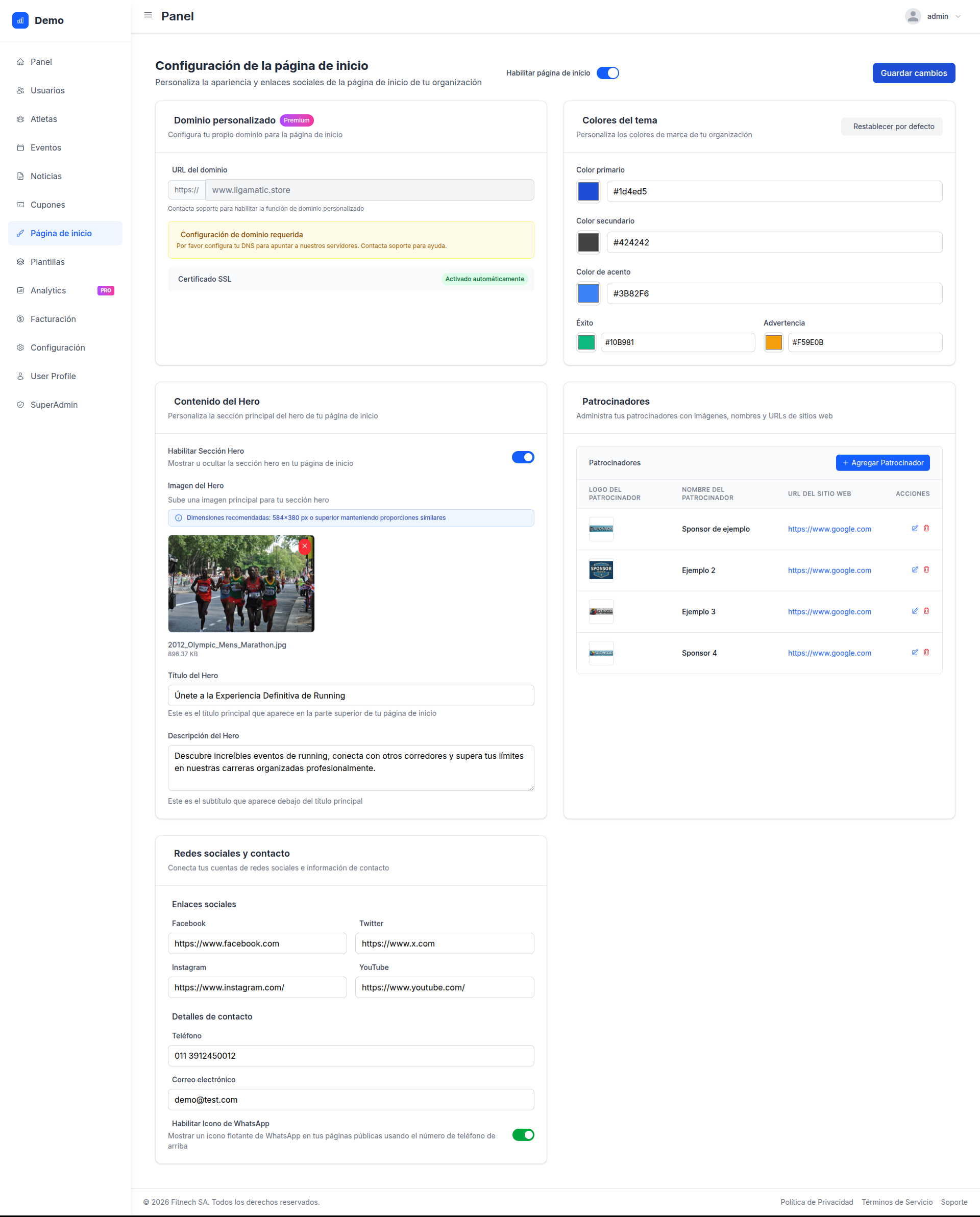 Captura del panel de personalización de marca de Fitnech